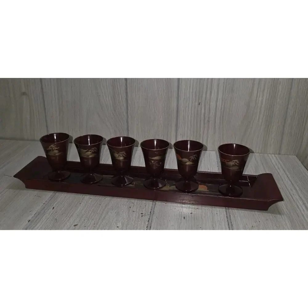 VTG Imaoka Trading Co Japan AIZU Sake Set 6 Cups Tray Deep Red Gold Beach Scene